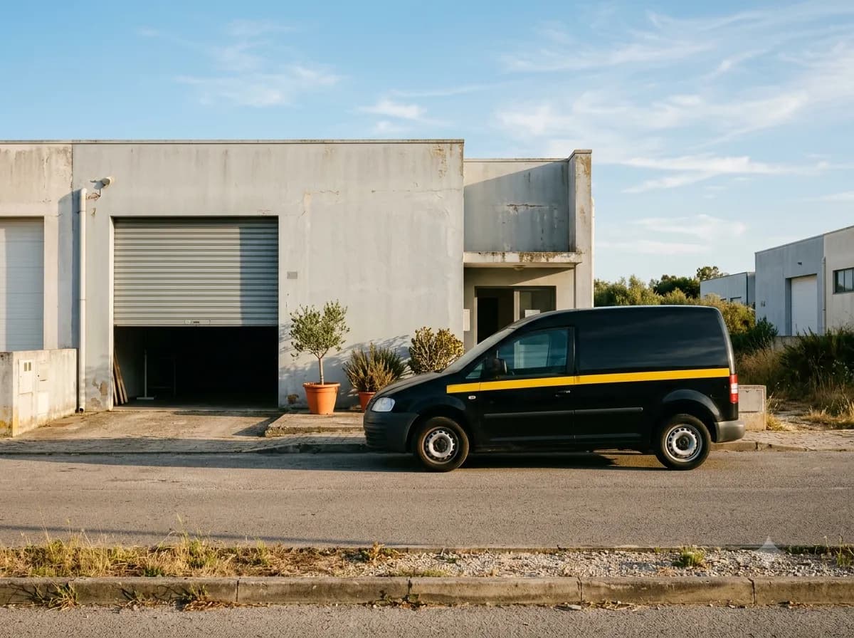 Carrinha de serviço preta e amarela estacionada num pavilhão de parque industrial