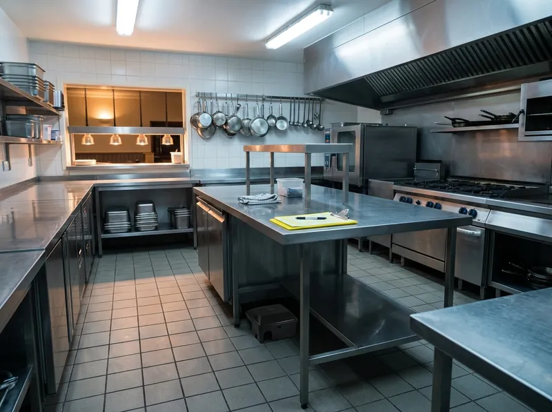 Cozinha de restaurante em inox limpa depois do fecho