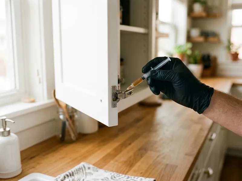 Técnico a aplicar gel na dobradiça de um armário de cozinha